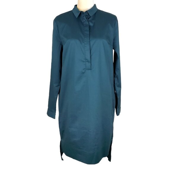 Miracle Berry Teal Cotton Long Sleeve Collared Button Placket Midi Shirt Dress L - Picture 1 of 13